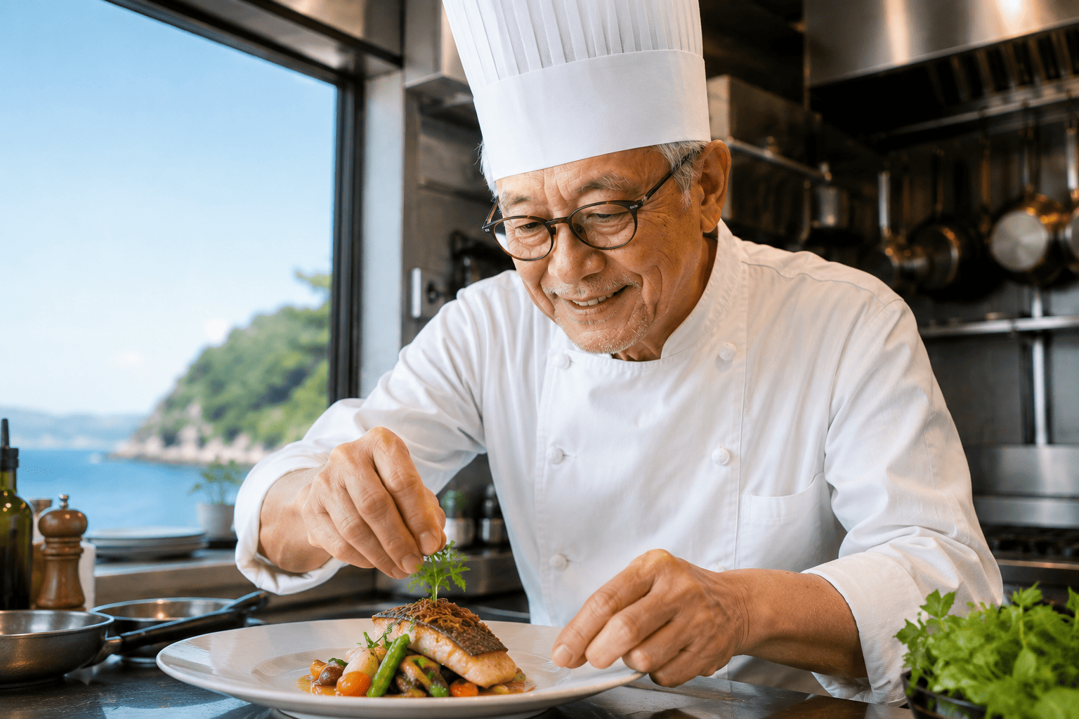 海沿いのキッチンで料理を仕上げるシェフ　